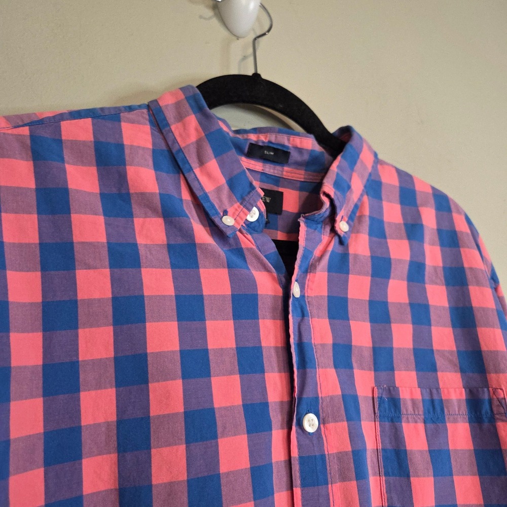 J.Crew Mens XL Slim Fit Button Down Shirt Pink Blue Gingham Plaid Cotton L/S